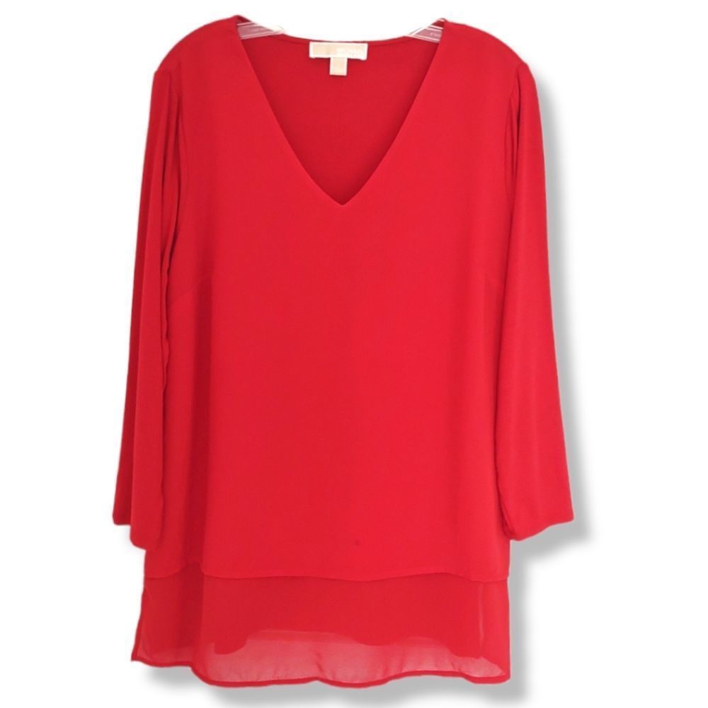 Michael Kors Red Tunic Chiffon Jersey Layered Long Sleeve V Neck L